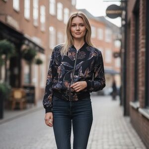 Everly Lightweight Black Floral Bomber Jacket